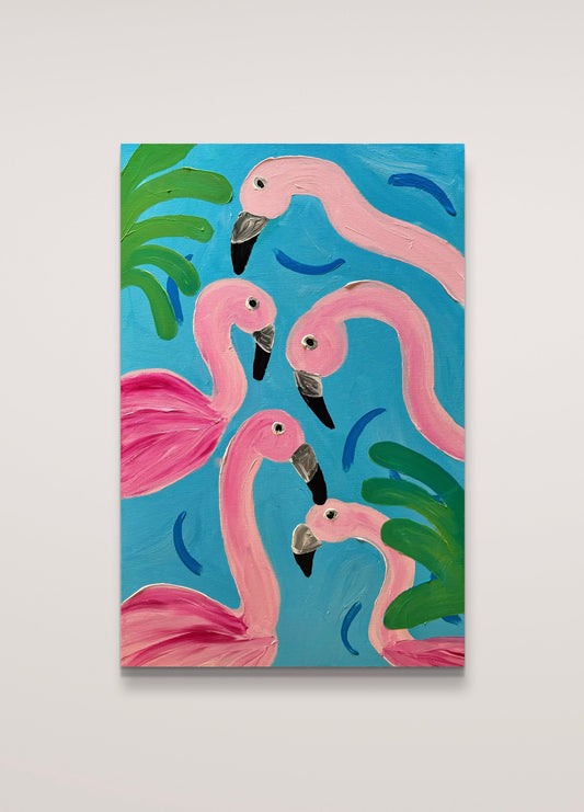 Five pink flamingos
