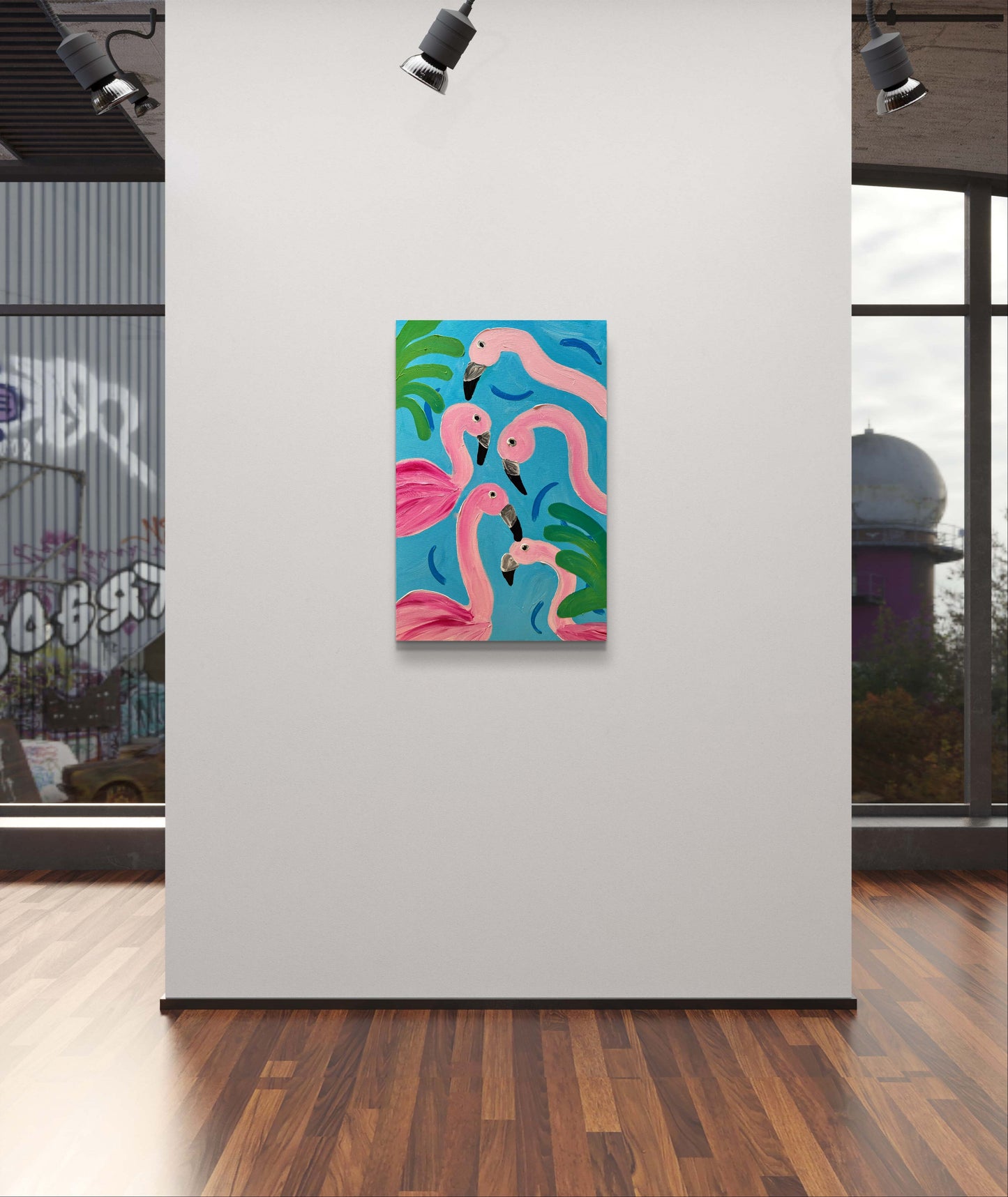 Five pink flamingos