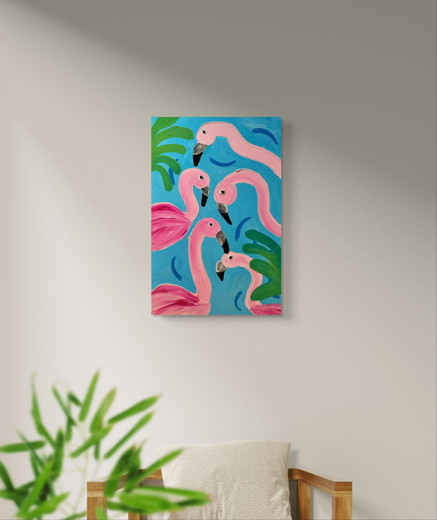 Five pink flamingos