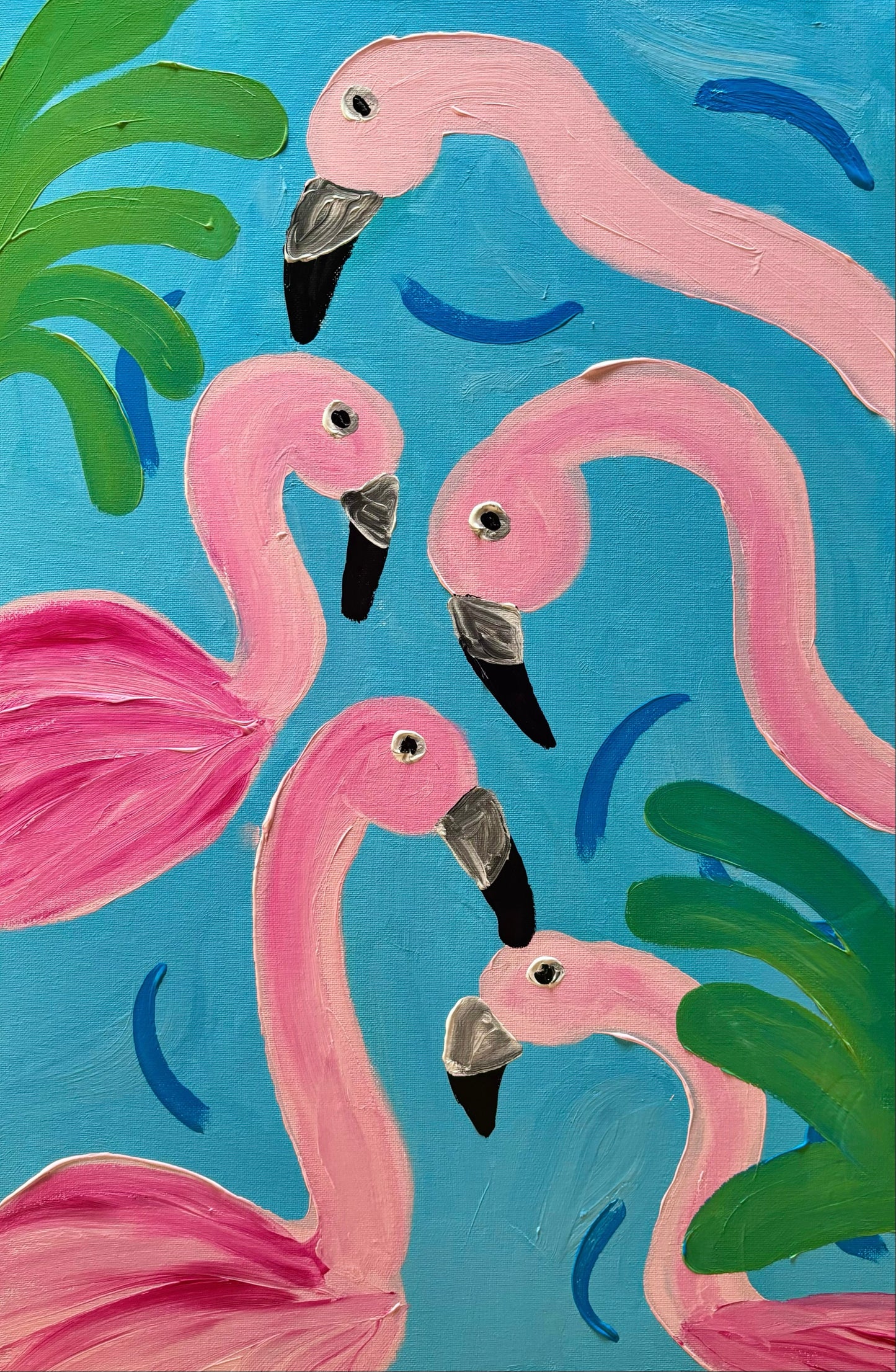 Five pink flamingos