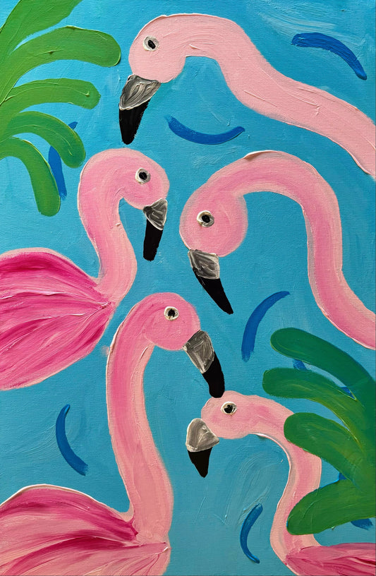 Five pink flamingos